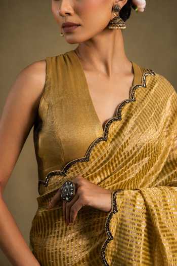 Jhambthreads_Yellow Chanderi, Jacquard Hand Embroidered Saree And Unstitched Blouse Piece _Online_at_Aza_Fashions