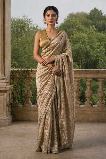 Buy_Jhambthreads_Beige Chanderi, Jacquard Zari Saree And Unstitched Blouse Fabric Set _at_Aza_Fashions