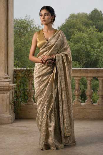 Shop_Jhambthreads_Beige Chanderi, Jacquard Zari Saree And Unstitched Blouse Fabric Set _at_Aza_Fashions