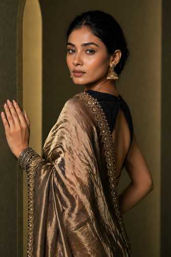 Shop_Jhambthreads_Gold Silk, Tissue, Dupion Lace Border Saree And Unstitched Blouse Fabric Set _at_Aza_Fashions
