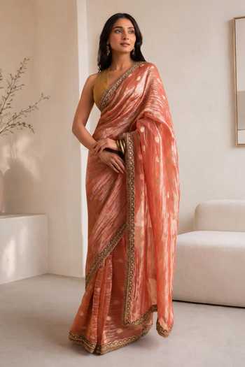 Buy_Jhambthreads_Pink Silk, Tissue, Dupion Lace Detailed Saree And Unstitched Blouse Fabric Set _at_Aza_Fashions