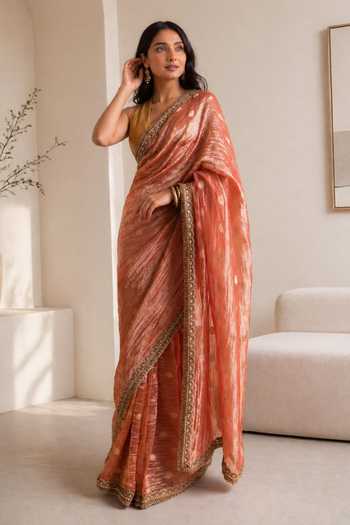 Shop_Jhambthreads_Pink Silk, Tissue, Dupion Lace Detailed Saree And Unstitched Blouse Fabric Set _at_Aza_Fashions