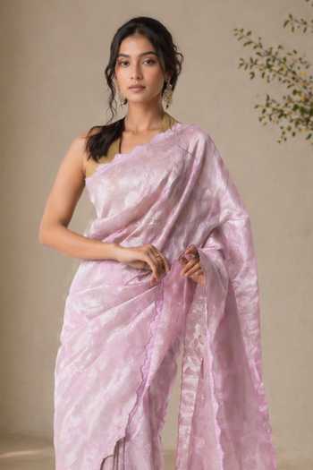 Jhambthreads_Purple Viscose, Jacquard, Silk, Embroidered Saree And Unstitched Blouse Fabric Set _Online_at_Aza_Fashions