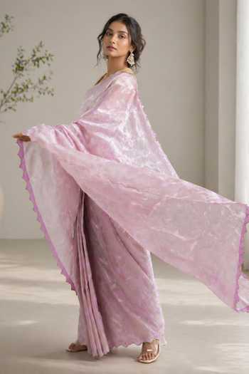 Shop_Jhambthreads_Purple Viscose, Jacquard, Silk, Embroidered Saree And Unstitched Blouse Fabric Set _at_Aza_Fashions