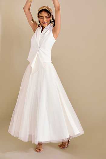 Shop_Naintara Bajaj_Ivory Net Draped Waistband Pleated Skirt 