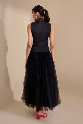 Shop_Naintara Bajaj_Black Net Draped Waistband Flared Skirt 