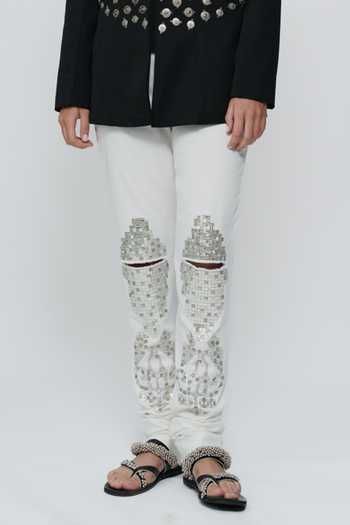 Shop_AK-OK_Black Viscose Mandarin Collar Embroidered Bandhgala Jacket With Churidar _Online_at_Aza_Fashions