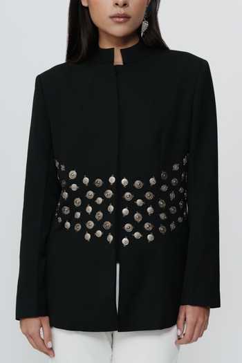 AK-OK_Black Viscose Mandarin Collar Embroidered Bandhgala Jacket With Churidar _at_Aza_Fashions