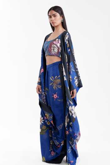 AK-OK_Blue Silk, Cotton Scoop Neck Floral Print Cape With Lungi Skirt Set _Online_at_Aza_Fashions