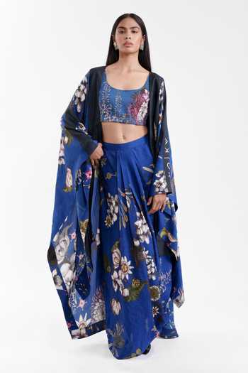 Shop_AK-OK_Blue Silk, Cotton Scoop Neck Floral Print Cape With Lungi Skirt Set _Online_at_Aza_Fashions