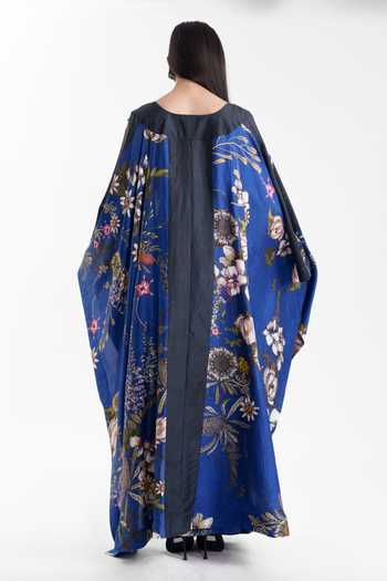 Shop_AK-OK_Blue Silk, Cotton Scoop Neck Floral Print Cape With Lungi Skirt Set _at_Aza_Fashions