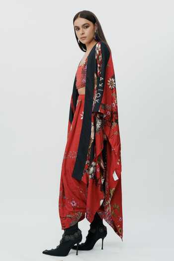 AK-OK_Red Silk, Cotton Scoop Neck Floral Pattern Cape With And Lungi Skirt Set _Online_at_Aza_Fashions