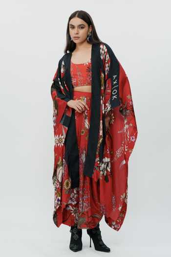 Buy_AK-OK_Red Silk, Cotton Scoop Neck Floral Pattern Cape With And Lungi Skirt Set _Online_at_Aza_Fashions