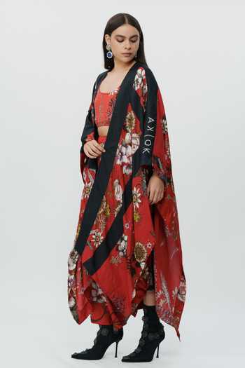 Shop_AK-OK_Red Silk, Cotton Scoop Neck Floral Pattern Cape With And Lungi Skirt Set _Online_at_Aza_Fashions