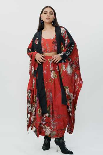 Buy_AK-OK_Red Silk, Cotton Scoop Neck Floral Pattern Cape With And Lungi Skirt Set _at_Aza_Fashions