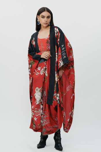 Buy_AK-OK_Red Silk, Cotton Scoop Neck Floral Pattern Cape With And Lungi Skirt Set 