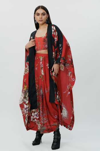 Shop_AK-OK_Red Silk, Cotton Scoop Neck Floral Pattern Cape With And Lungi Skirt Set 