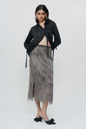 AK-OK_Black Cotton Collared Neck String Detailed Long Shirt _Online