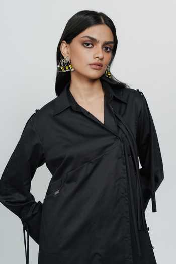 Buy_AK-OK_Black Cotton Collared Neck String Detailed Long Shirt _Online