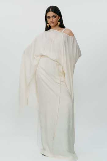 Buy_AK-OK_Off White Silk One Shoulder Flared Sleeve Top And Long Skirt Set _at_Aza_Fashions