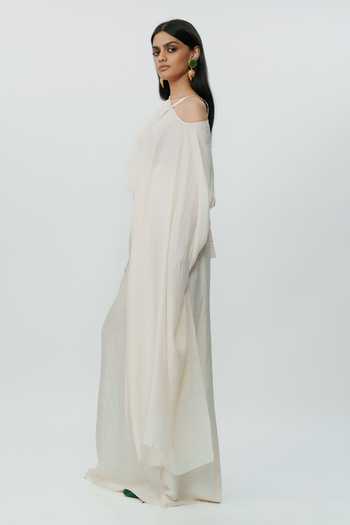 AK-OK_Off White Silk One Shoulder Flared Sleeve Top And Long Skirt Set _Online_at_Aza_Fashions