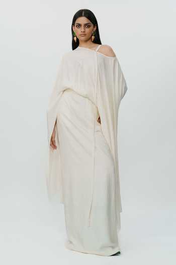 Buy_AK-OK_Off White Silk One Shoulder Flared Sleeve Top And Long Skirt Set _Online_at_Aza_Fashions