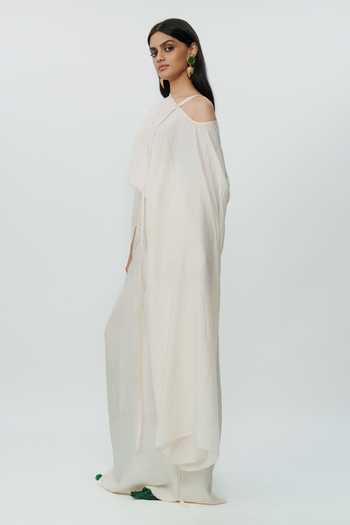 Shop_AK-OK_Off White Silk One Shoulder Flared Sleeve Top And Long Skirt Set _Online_at_Aza_Fashions