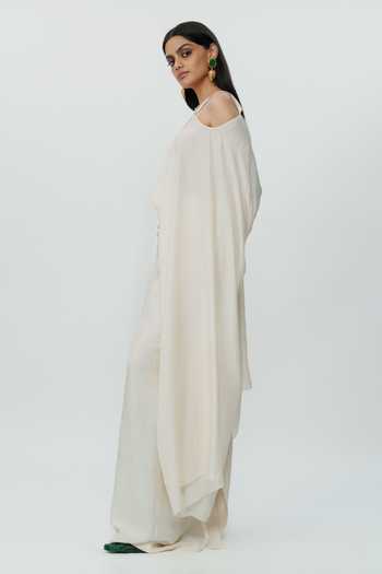 AK-OK_Off White Silk One Shoulder Flared Sleeve Top And Long Skirt Set _at_Aza_Fashions