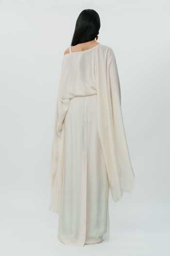 Shop_AK-OK_Off White Silk One Shoulder Flared Sleeve Top And Long Skirt Set _at_Aza_Fashions