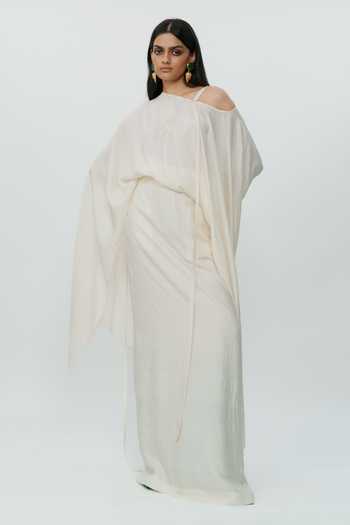 Buy_AK-OK_Off White Silk One Shoulder Flared Sleeve Top And Long Skirt Set 
