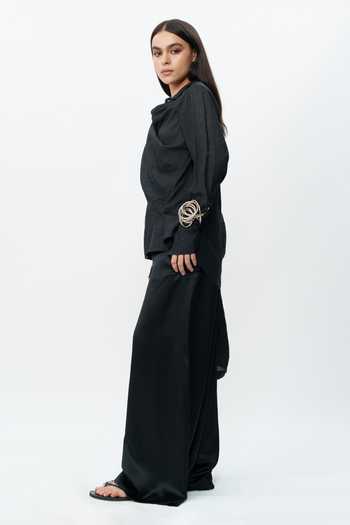 AK-OK_Black Silk Cowl Neck Draped Shirt And Flared Trouser Set _Online_at_Aza_Fashions