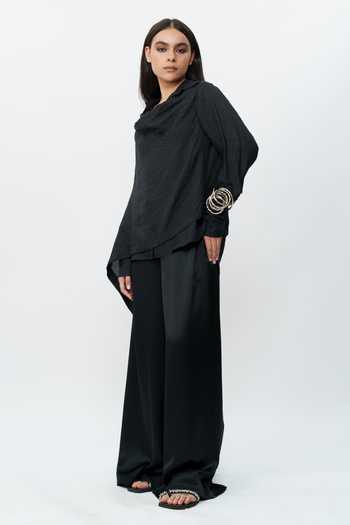 Buy_AK-OK_Black Silk Cowl Neck Draped Shirt And Flared Trouser Set _Online_at_Aza_Fashions