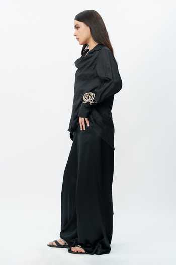 Shop_AK-OK_Black Silk Cowl Neck Draped Shirt And Flared Trouser Set _Online_at_Aza_Fashions