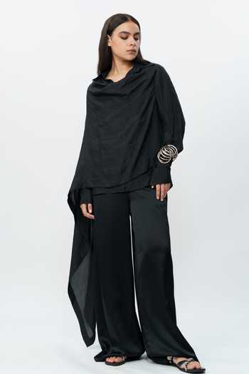AK-OK_Black Silk Cowl Neck Draped Shirt And Flared Trouser Set _at_Aza_Fashions