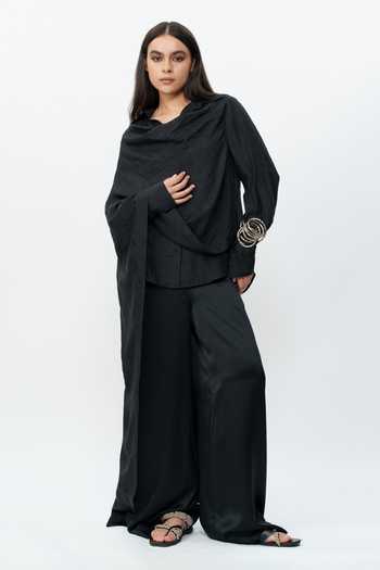 Buy_AK-OK_Black Silk Cowl Neck Draped Shirt And Flared Trouser Set 