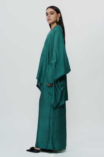 AK-OK_Green Silk V-neck Kaftan And Wide Leg Pant Set _Online_at_Aza_Fashions