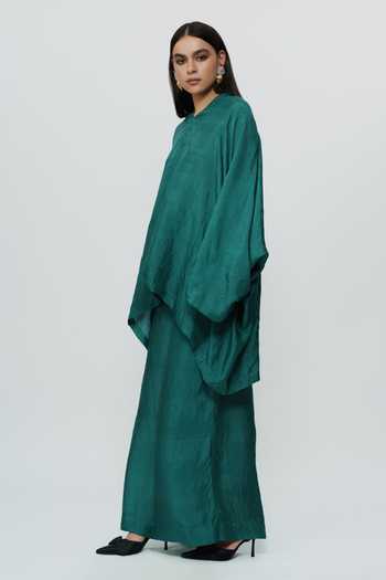 Buy_AK-OK_Green Silk V-neck Kaftan And Wide Leg Pant Set _Online_at_Aza_Fashions