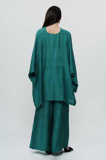 Shop_AK-OK_Green Silk V-neck Kaftan And Wide Leg Pant Set _at_Aza_Fashions