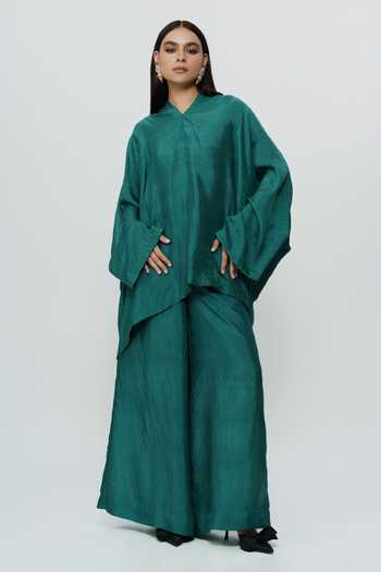 Shop_AK-OK_Green Silk V-neck Kaftan And Wide Leg Pant Set _Online_at_Aza_Fashions