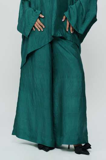 AK-OK_Green Silk V-neck Kaftan And Wide Leg Pant Set _at_Aza_Fashions