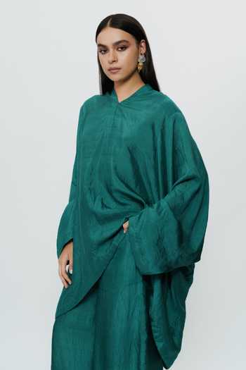 Buy_AK-OK_Green Silk V-neck Kaftan And Wide Leg Pant Set 