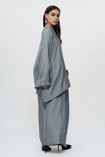 AK-OK_Grey Silk Split V-neck Kaftan And Wide Leg Pant Set _Online_at_Aza_Fashions