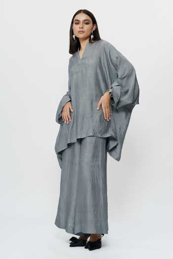 Buy_AK-OK_Grey Silk Split V-neck Kaftan And Wide Leg Pant Set _Online_at_Aza_Fashions