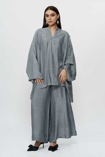 Shop_AK-OK_Grey Silk Split V-neck Kaftan And Wide Leg Pant Set _Online_at_Aza_Fashions