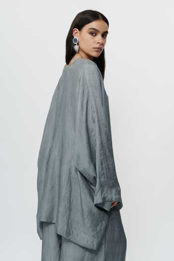 AK-OK_Grey Silk Split V-neck Kaftan And Wide Leg Pant Set _at_Aza_Fashions