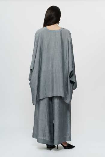 Shop_AK-OK_Grey Silk Split V-neck Kaftan And Wide Leg Pant Set _at_Aza_Fashions