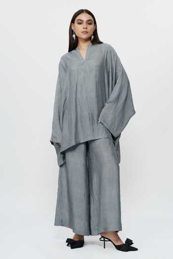 Buy_AK-OK_Grey Silk Split V-neck Kaftan And Wide Leg Pant Set 
