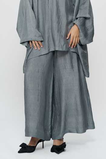 Shop_AK-OK_Grey Silk Split V-neck Kaftan And Wide Leg Pant Set 