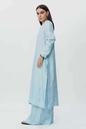 AK-OK_Blue Silk Mandarin Collar Long Kaftan And Pant Set _Online_at_Aza_Fashions