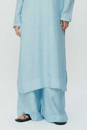 Buy_AK-OK_Blue Silk Mandarin Collar Long Kaftan And Pant Set _Online_at_Aza_Fashions